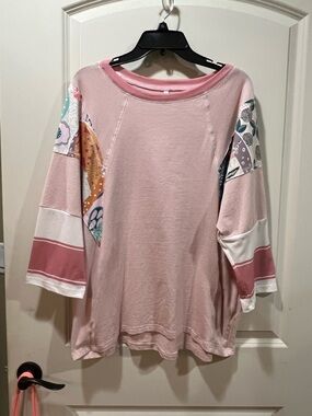 Boho Patchwork Pink Dolman Crewneck Women's Top